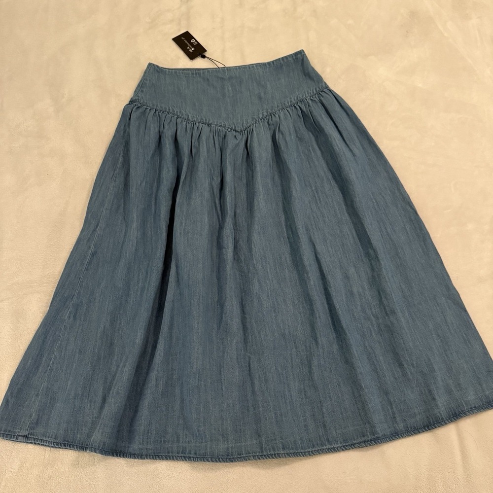 NWT Wednesday's Girl Basque Waist Pleated Denim Midi Skirt Women's Size Small